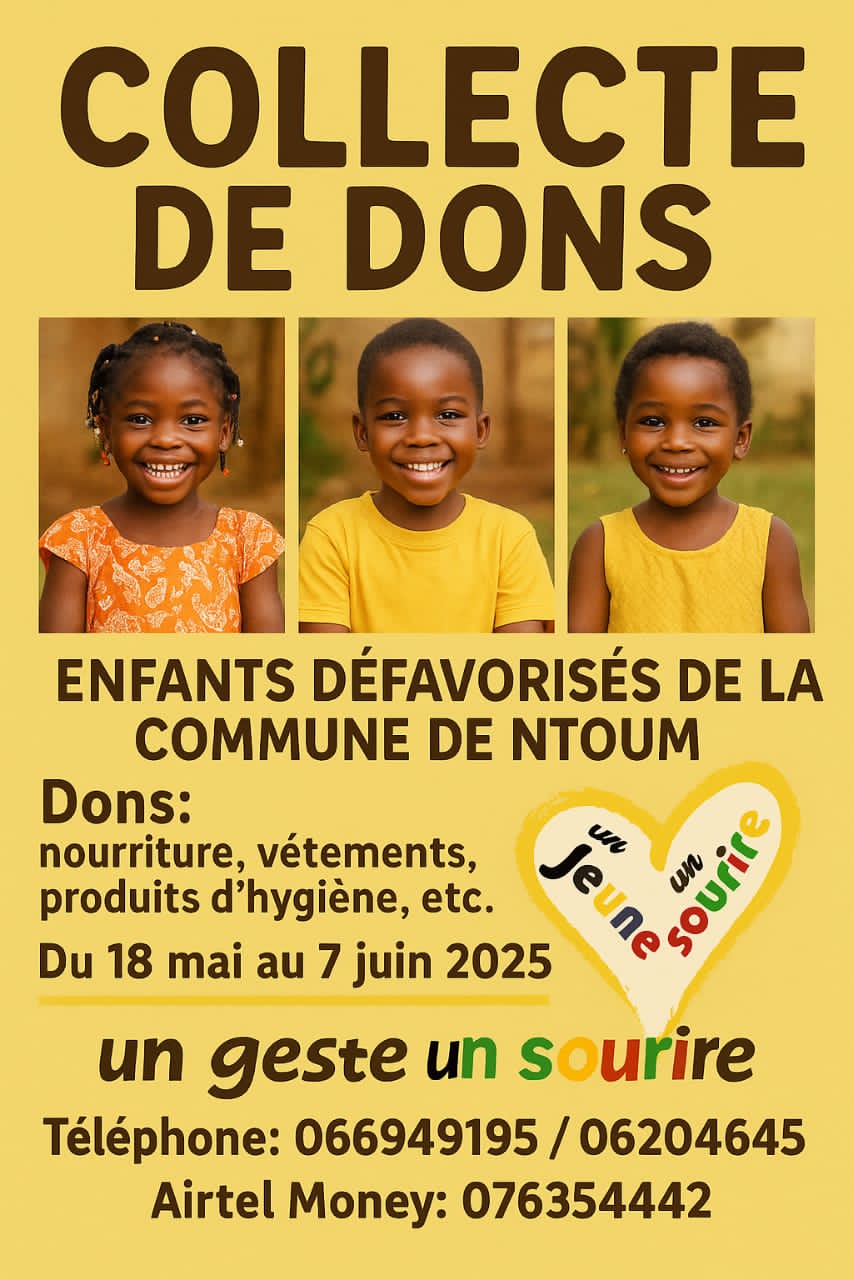 Collecte de dons pour les enfants défavorisés de Ntoum : une initiative de l’association « Un Jeune, Un Sourire »