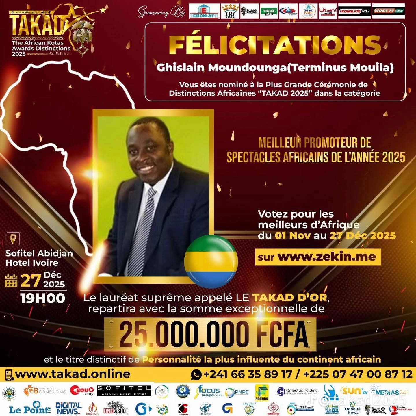 Culture /Ghislain Moundounga nommé aux TAKAD 2025 : Une fierté gabonaise en route pour Abidjan